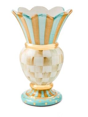 NEW! MacKenzie-Childs Turquoise & Gold Striped & Checkered Vase, Parchment Check